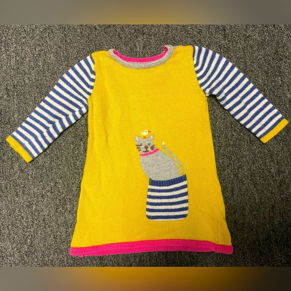 Baby Boden Striped Long Sleeve Cat in Pocket Yellow Sweater Dress Sz 6-12 Months